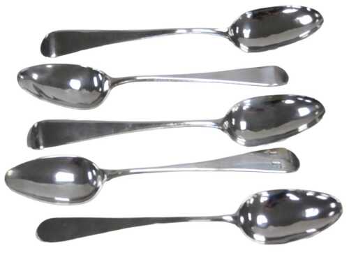 Five Georgian silver Old English pattern teaspoons, one monogrammed engraved, various hallmarks,...
