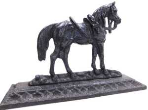 A 19thC black painted cast iron doorstop, modelled in the form of a hoho bird, above Rococo... - 2