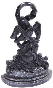 A 19thC black painted cast iron doorstop, modelled in the form of a hoho bird, above Rococo... - 3