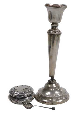A George V loaded silver candlestick, Birmingham 1929, a rouge pot, and a plated salt spoon.