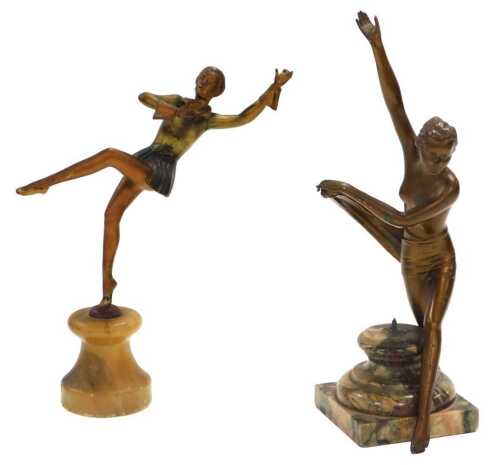 After Josef Lorenzl (Austrian 1892-1950). Two cold painted figures of dancers, one raised on an...