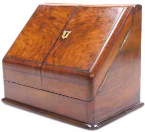 A Victorian walnut and figured walnut slope topped writing box, the hinged doors enclosing a... - 2