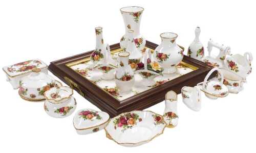 A group of Royal Albert porcelain Old Country Roses pattern vases, box and cover, dishes,...