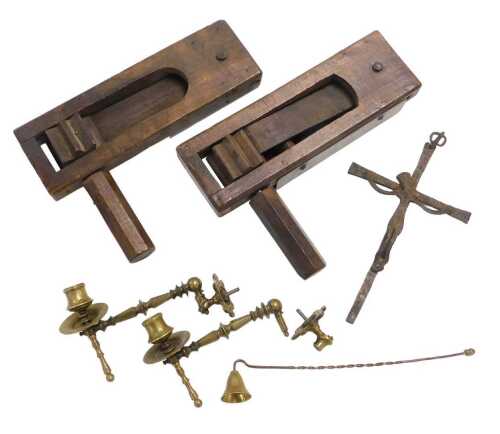 A World War II British air raid alarm rattle, dated 1942, a further rattle, unmarked, a pair of...