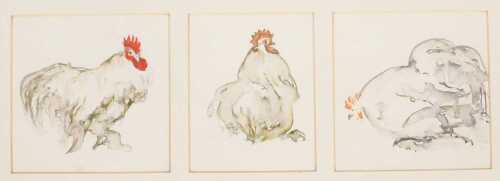 Priscilla Peace. Trio of Bantams, three watercolours framed as one, attributed and titled verso,...