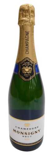 A bottle of Elabore Philizot et fils champagne Veuve Monsigny brut No. 111.