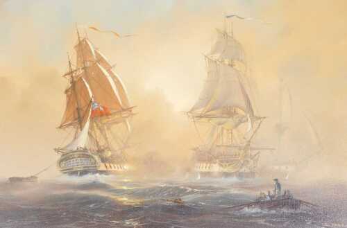Donald MacLeod (British 1956-2018). Thurot's Last Fight, oil on canvas, signed, 49.5cm x 75cm.