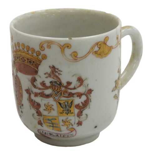 An 18thC Chinese export porcelain demi tasse coffee cup, decorated with a pair of marriage arms,...