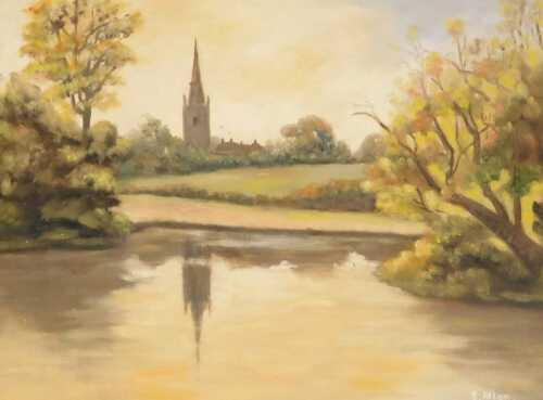 B Allen (British late 20thC). Village landscape with church and pond, oil on canvas, signed,...