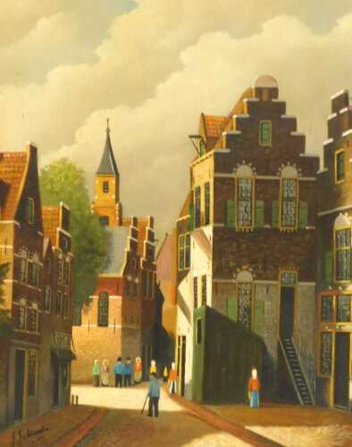 Dutch School (20thC). Dutch street scene, with figures, oil on board, signed indistinctly, 28cm...