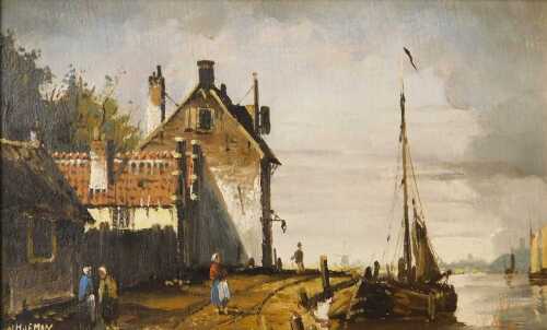 M Hofman (Dutch 20thC). Canal and street scene, with figures, oil on board, signed, 11cm x 18.5cm.