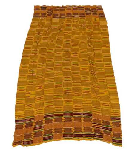A Kente cloth woven by the Ashanti, Ghana, the gold ground strips hand sewn together, and...