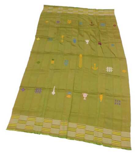 An Ashanti lady's cloth, from Ghana, in a strip woven green cotton/rayon fabric, the...