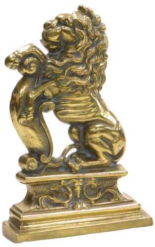 A late 19th/early 20thC cast brass doorstop, modelled in the form of a standing heraldic lion,...