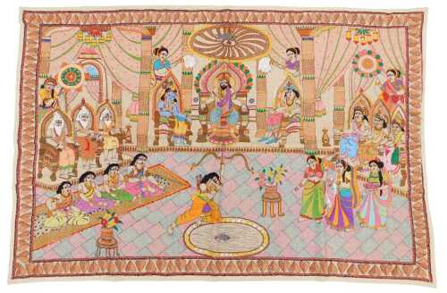 A Kantha Malika wall hanging, from Kolkata, embroidered with a Maharajah and a Maharani and...