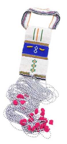 A Xhosa Thembu beadwork chest cascade, with a beadwork neck strap, the cascade with geometric...