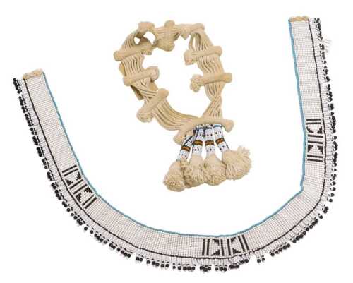 A Xhosa Thembu ropework and beadwork nursing charm, together with a beadwork girdle, with mother...