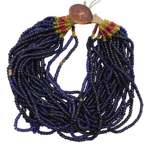 A Naga blue beadwork necklace, from Longwa, with a wooden disc and ropework clasp.