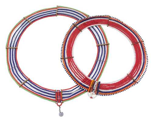 Two Maasai beadwork neck collars, of nine strand form, 23cm and 28cm wide.