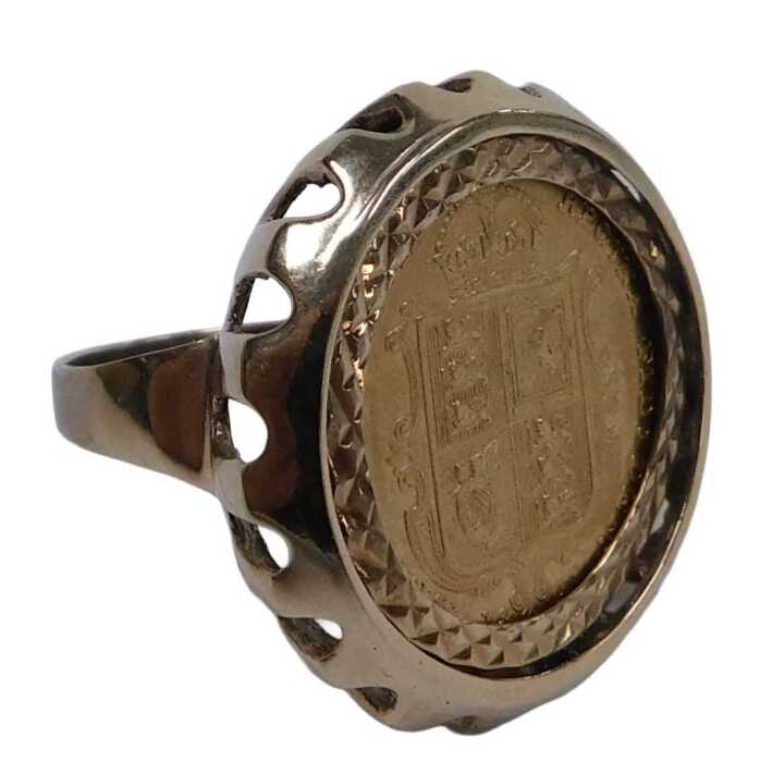 A Queen Victoria Jubilee head half sovereign, 1891, in a 9ct gold ring mount, size O&frac12;, 9.0g.