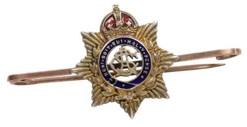 A Royal Army Corps sweetheart bar brooch, inlaid in enamel to yellow and rose metal, stamped 9ct,...