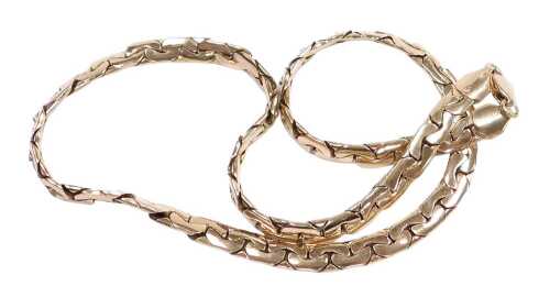 A gold plated flat box link neck chain, on a lobster claw clasp, 46cm long.