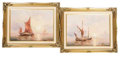 C Alexis (20thC). Thames Barges in calm water, by a shoreline, oil on canvas, signed, 29cm x 39cm.