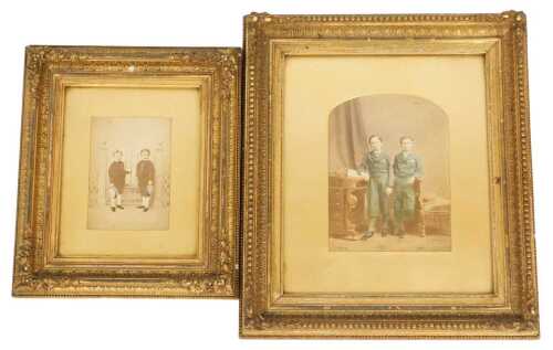 Two late 19thC photographic portraits of brothers, with overpainting, each gilt framed, 20cm x...