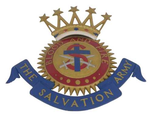A late 20thC Salvation Army fibreglass wall sign, with crown surmount and title banner, 124cm...