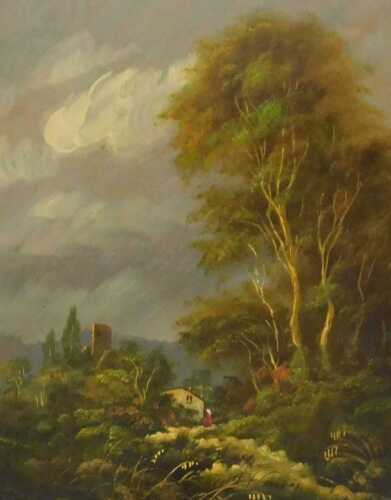 Continental School (late 20thC). Castle and woodland landscape in a storm, oil on board, signed...