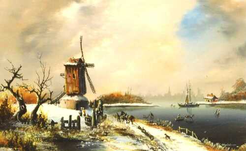 Charles F Comber (British 20thC). Dutch winter canal scene, after the Old Masters, oil on board,...