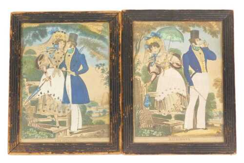 A pair of Regency spangled pictures, titled Matrimony and Courtship, print and fabric, 19cm x 14cm.