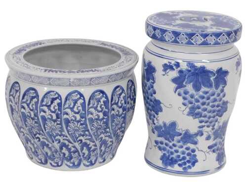 A Chinese blue and white porcelain window seat, decorated with vines, 40cm high, together with a...