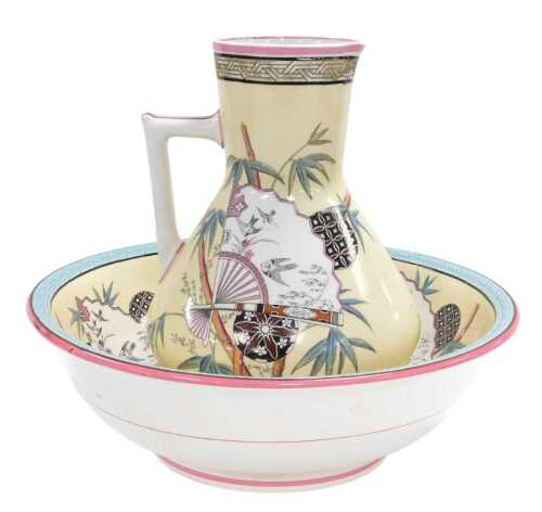 A late 19thC Minton Aesthetic Movement pottery wash jug and bowl, decorated in the Japanese...