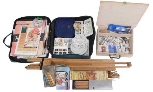 An artist's paintbox, containing watercolour paints, pastels, and pencils, together with an...