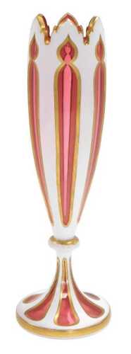 A late 19thC Bohemian cranberry and opaline flash glass vase, of Gothic tapering form, with a...