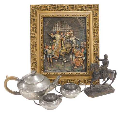 After A Toulone. A cast metal figure of Joan of Arc, modelled in armour on horseback, together...