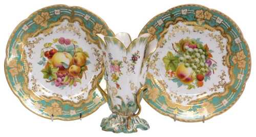 A pair of 19thC John Ridgway style porcelain dessert plates, each painted with fruit within pale...