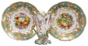 A pair of 19thC John Ridgway style porcelain dessert plates, each painted with fruit within pale...
