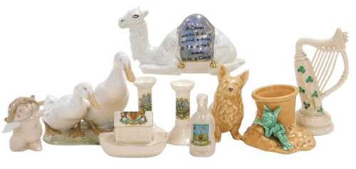 A Royal Copenhagen porcelain figure group of a pair of ducks, number 2128, Belleek porcelain...