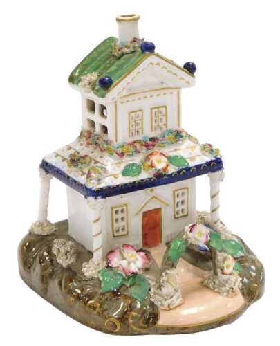 A mid 19thC Staffordshire porcelain pastille burner, of two storey Neoclassical form, with a...