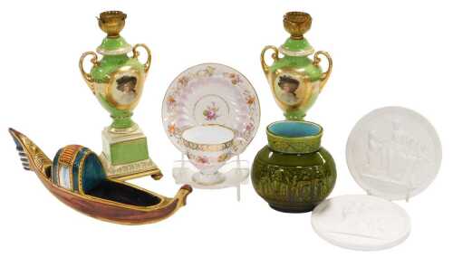 A group of Continental pottery and porcelain, including a Sarreguemines majolica vase, a pair of...