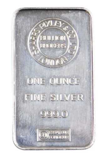 A Sharps Pixley & Co Ltd 1oz fine silver bar.
