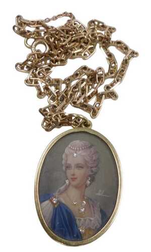 An 18ct gold and diamond set oval portrait locket, signed indistinctly, bust portrait of a lady,...