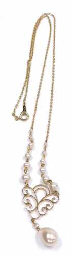 An Art Deco style simulated pearl necklace, with a baroque pearl drop in a cloud suspension, on...