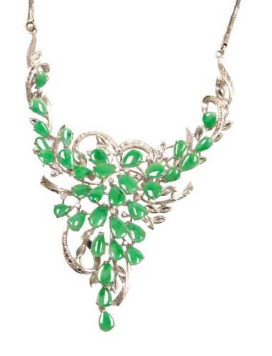 A Chinese jade and diamond floral spray necklace, in articulated white metal, on a barrel link...