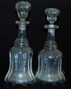 A near pair of George III triple ring neck decanters and stoppers, 27cm high, and two near pairs... - 2