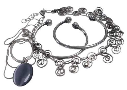 Two torc bangles, stamped 925, a gem set pendant on chain, white metal stamped 925, 2.32oz, and...