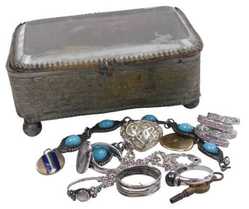 A jewellery box, containing costume jewellery, including rings, turquoise set bracelet, watch...