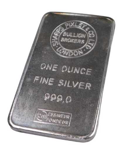 A Sharps Pixley & Company Limited 1oz fine silver bar.